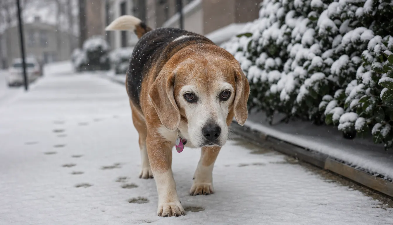 Dog walking on a snowy winter sidewalk with visible salt crystals on the pavement