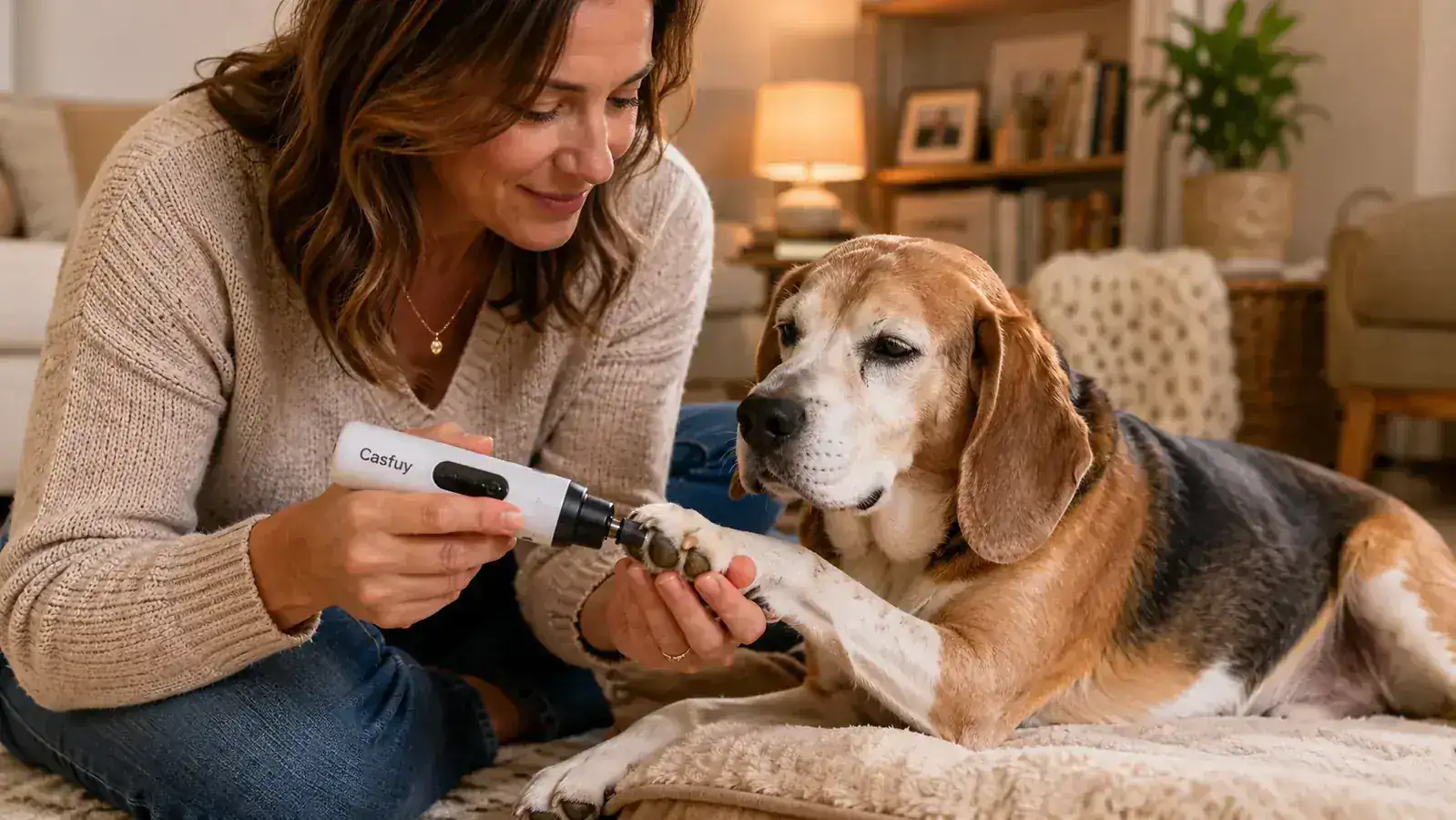 Casfuy nail grinder being held up to a dog's dark-nailed paw on a wooden floor