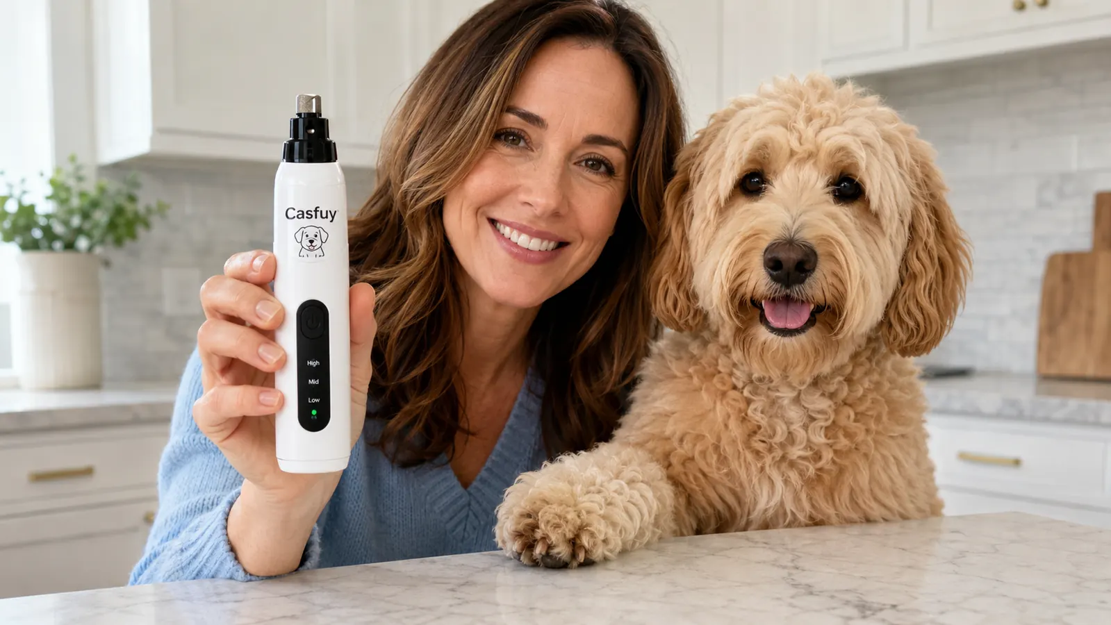 Hand holding the Casfuy nail grinder against a small dog's front paw, LED guard visible