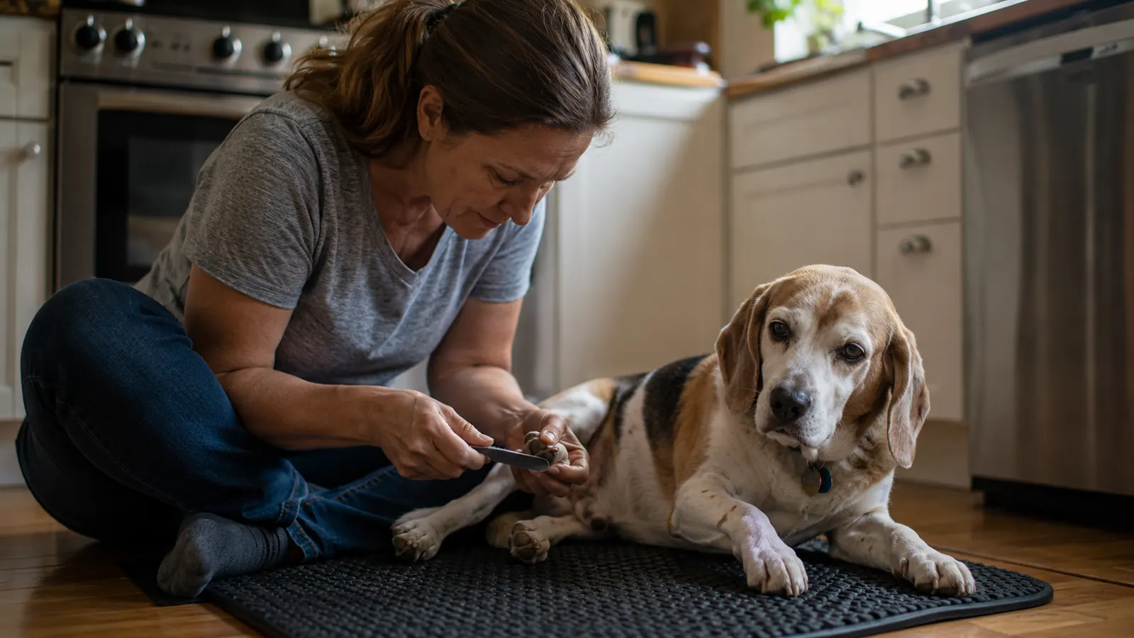Dog resting calmly on a couch while owner uses a cordless nail grinder on its back paw