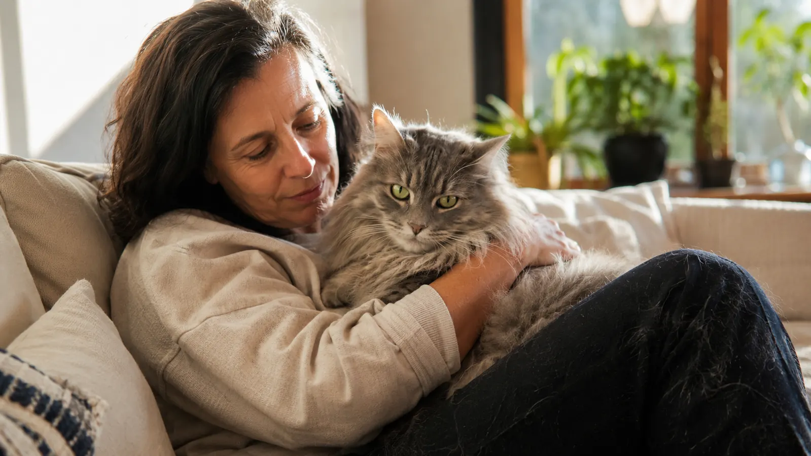 Cat and dog sitting together on a linen couch that looks clean and free of visible pet hair