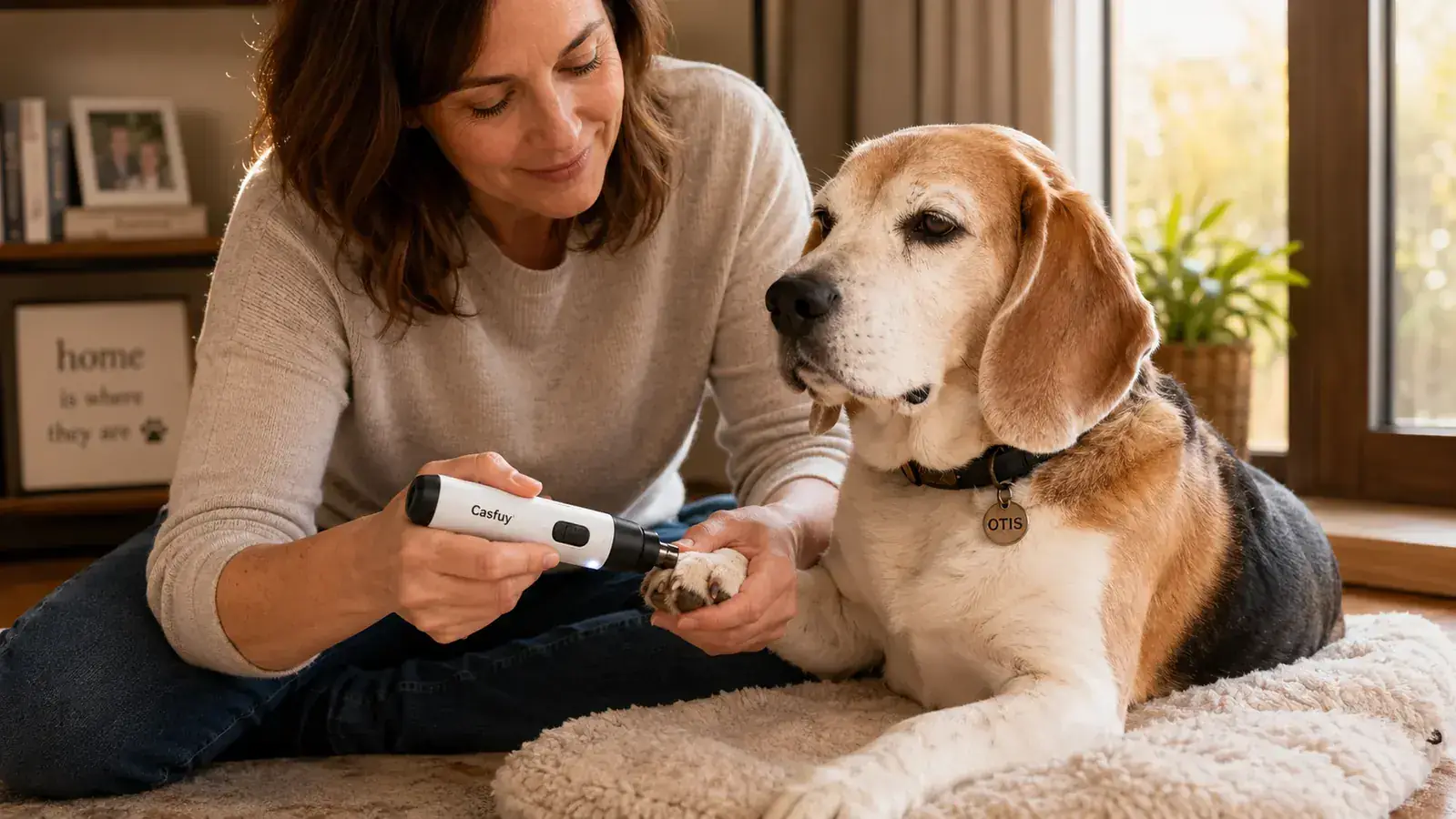 Person holding a Casfuy nail grinder near a relaxed beagle's paw on a couch