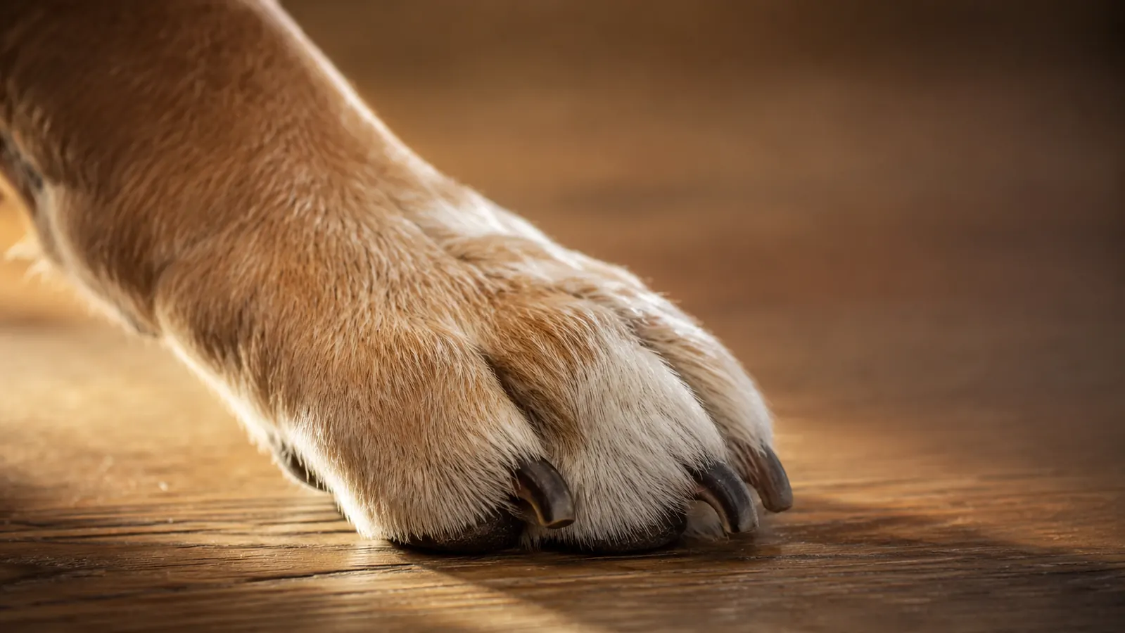 Close-up of a beagle's neatly trimmed nails after grinding, paw resting on a lap