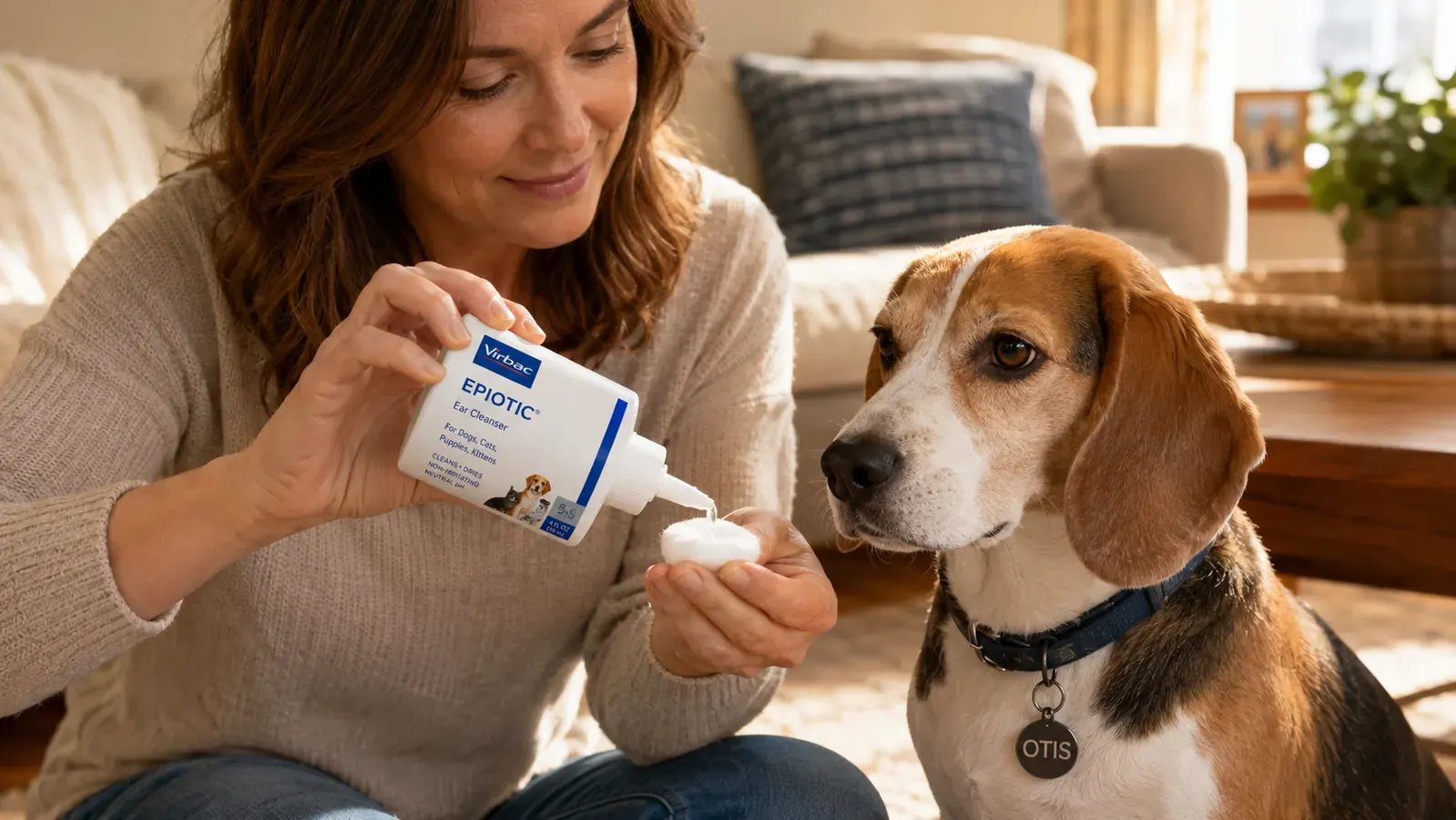 Woman gently lifting a beagle's floppy ear to inspect it while the dog sits calmly on a kitchen counter