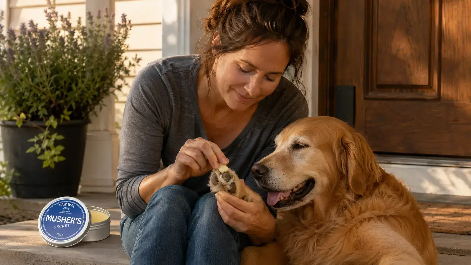 Close-up of a hand applying a small amount of white paw wax to a dog's front pad
