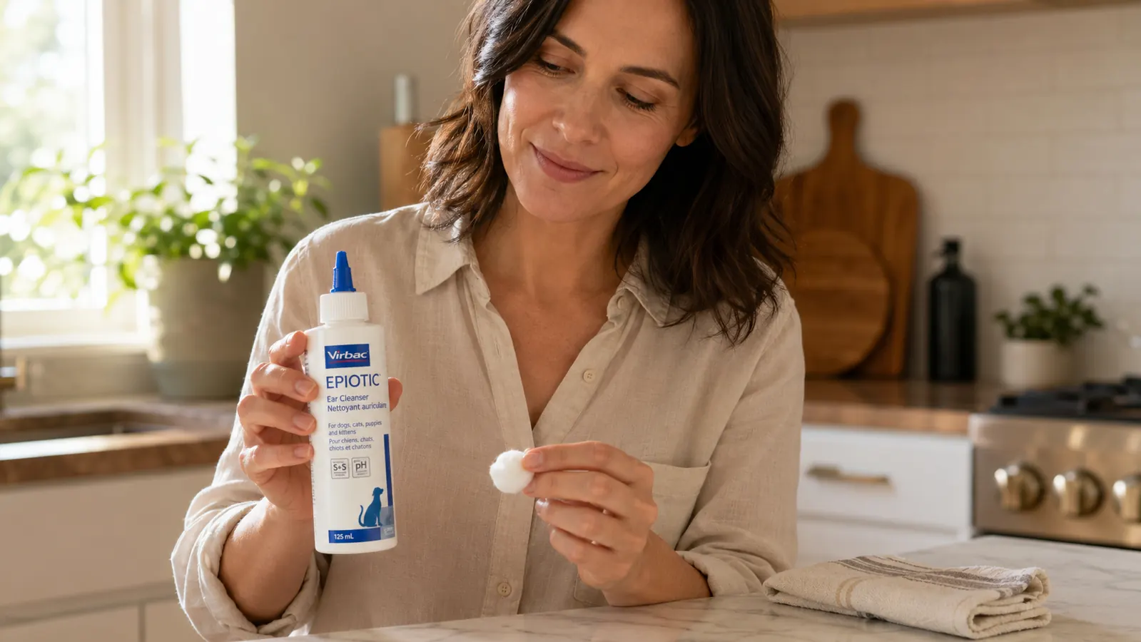 Hands holding a small brown bottle of ear cleanser next to a dog's floppy ear, preparing to fill the ear canal