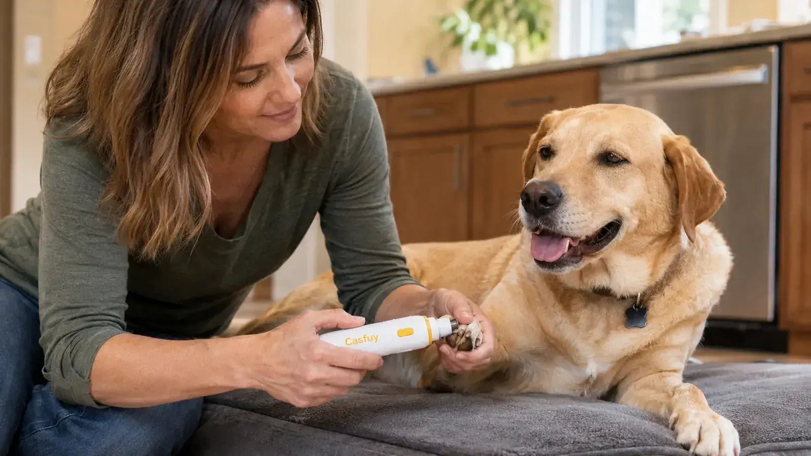 Close-up of a hand holding a Casfuy nail grinder switched off near a dog's front paw without touching