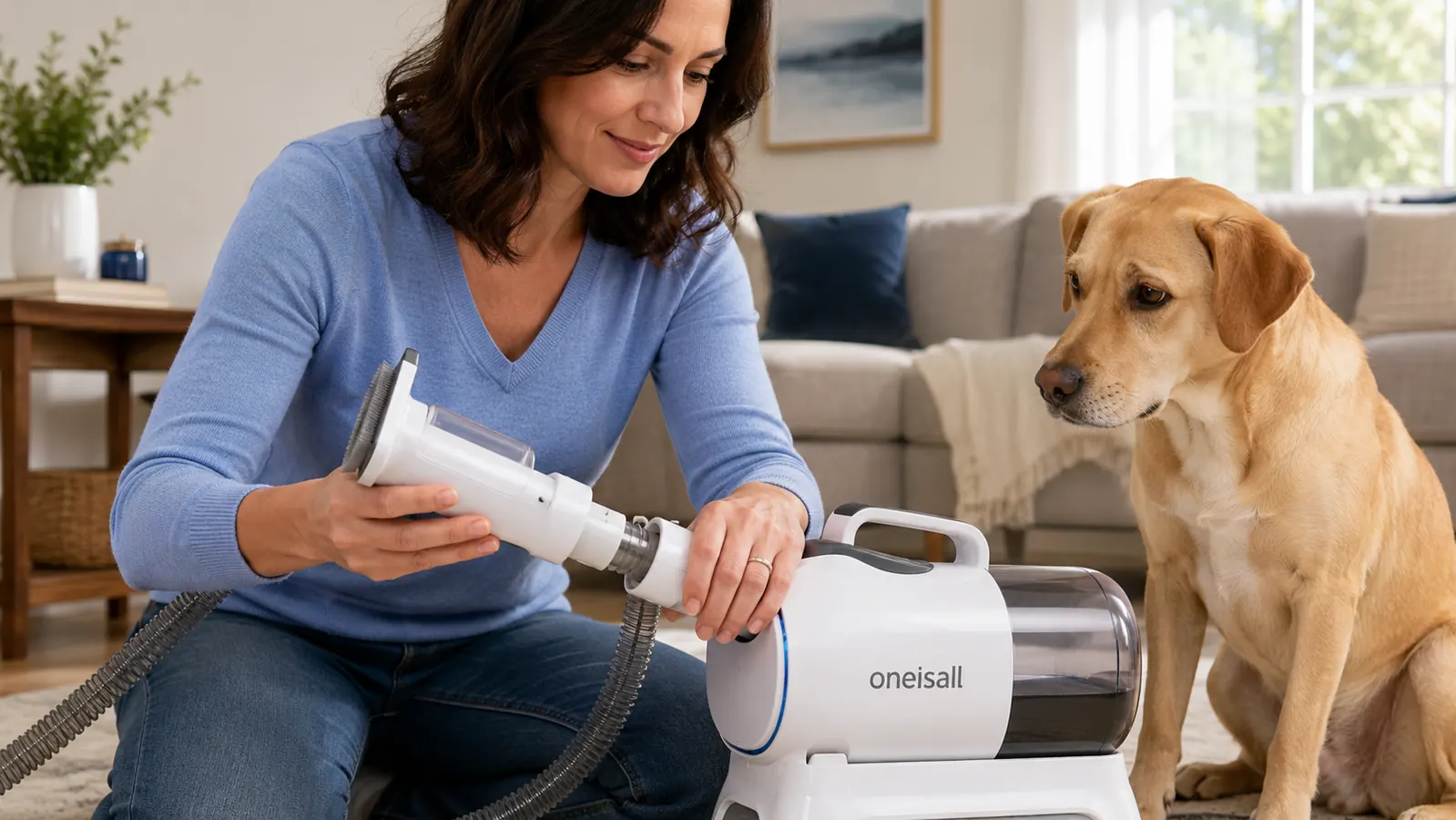 Hand holding the deshedding brush attachment of a pet grooming vacuum next to a dog's flank, showing the vacuum hose connected