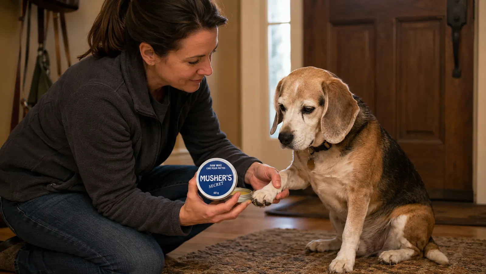 Finger scooping a small amount of white wax from a round tin of Musher's Secret and applying it to a dog's front paw pad