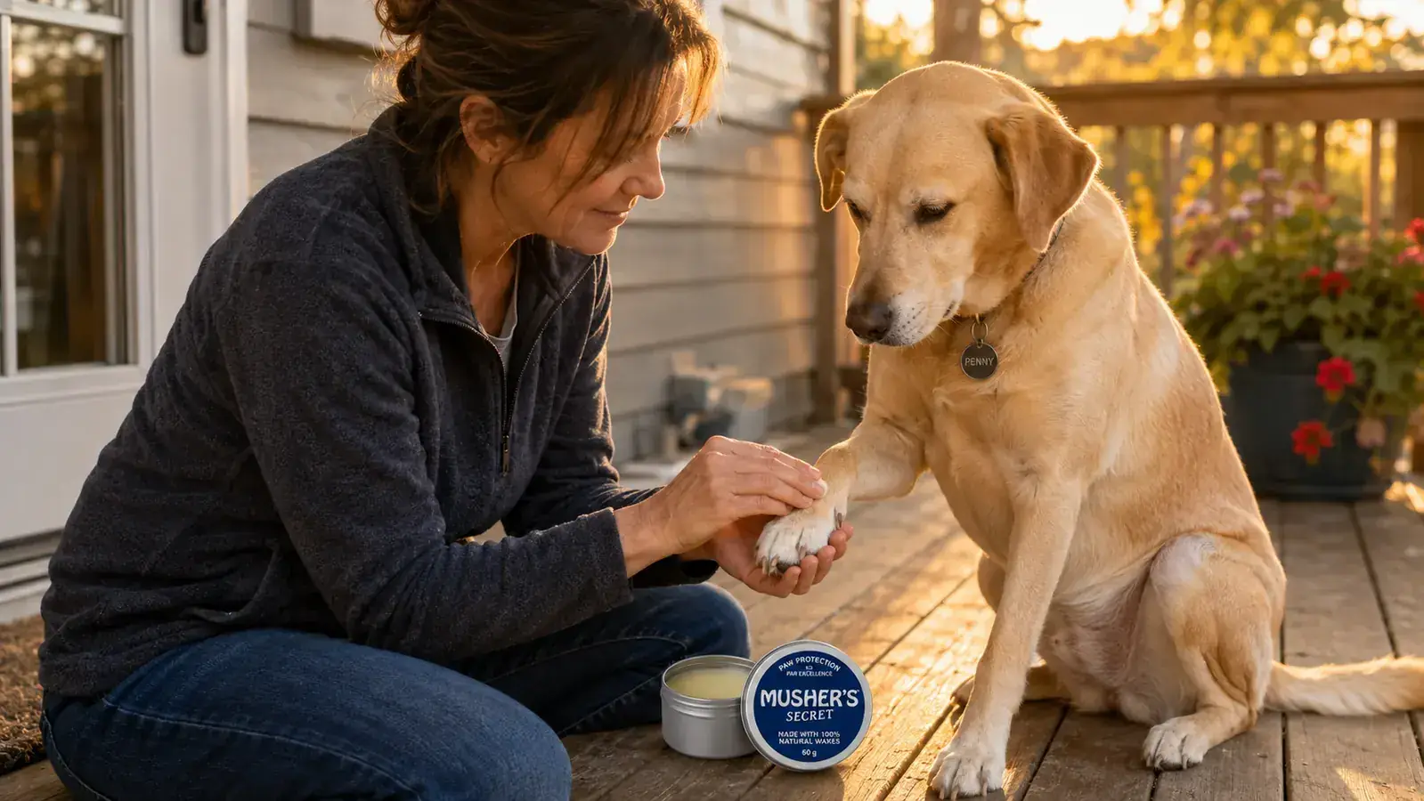 Hand scooping a small amount of white wax from a 60g tin to apply to a dog's paw pad