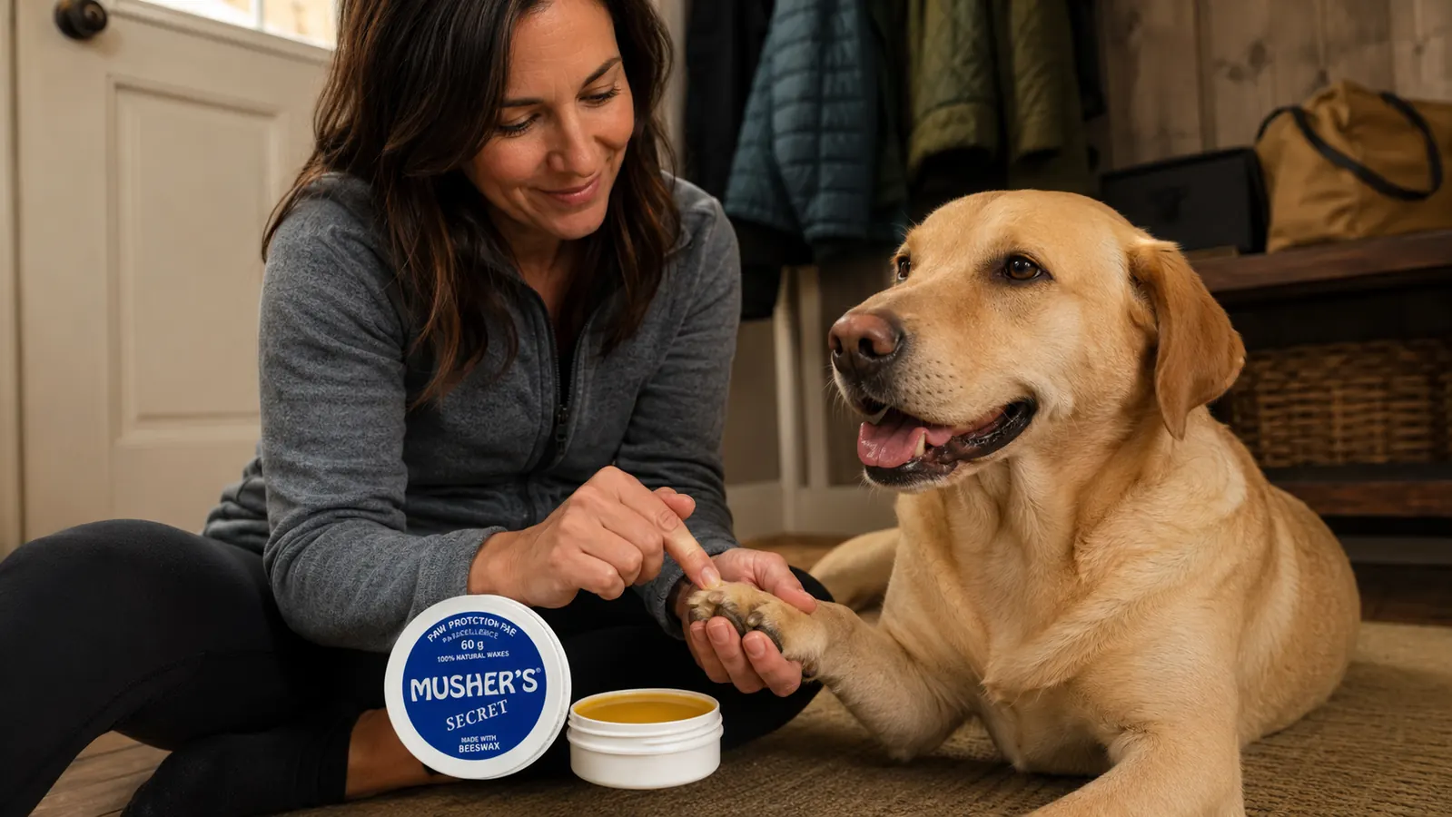 Hand rubbing a small amount of pale yellow paw wax into the pads of a dog paw held over a stainless bowl
