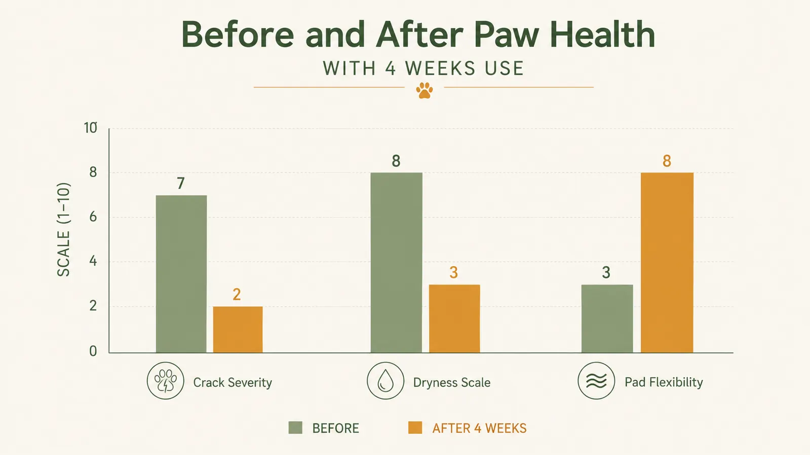 Comparison chart showing paw pad condition scores across four seasons: fall baseline, winter peak salt exposure, spring recovery, and summer pavement heat