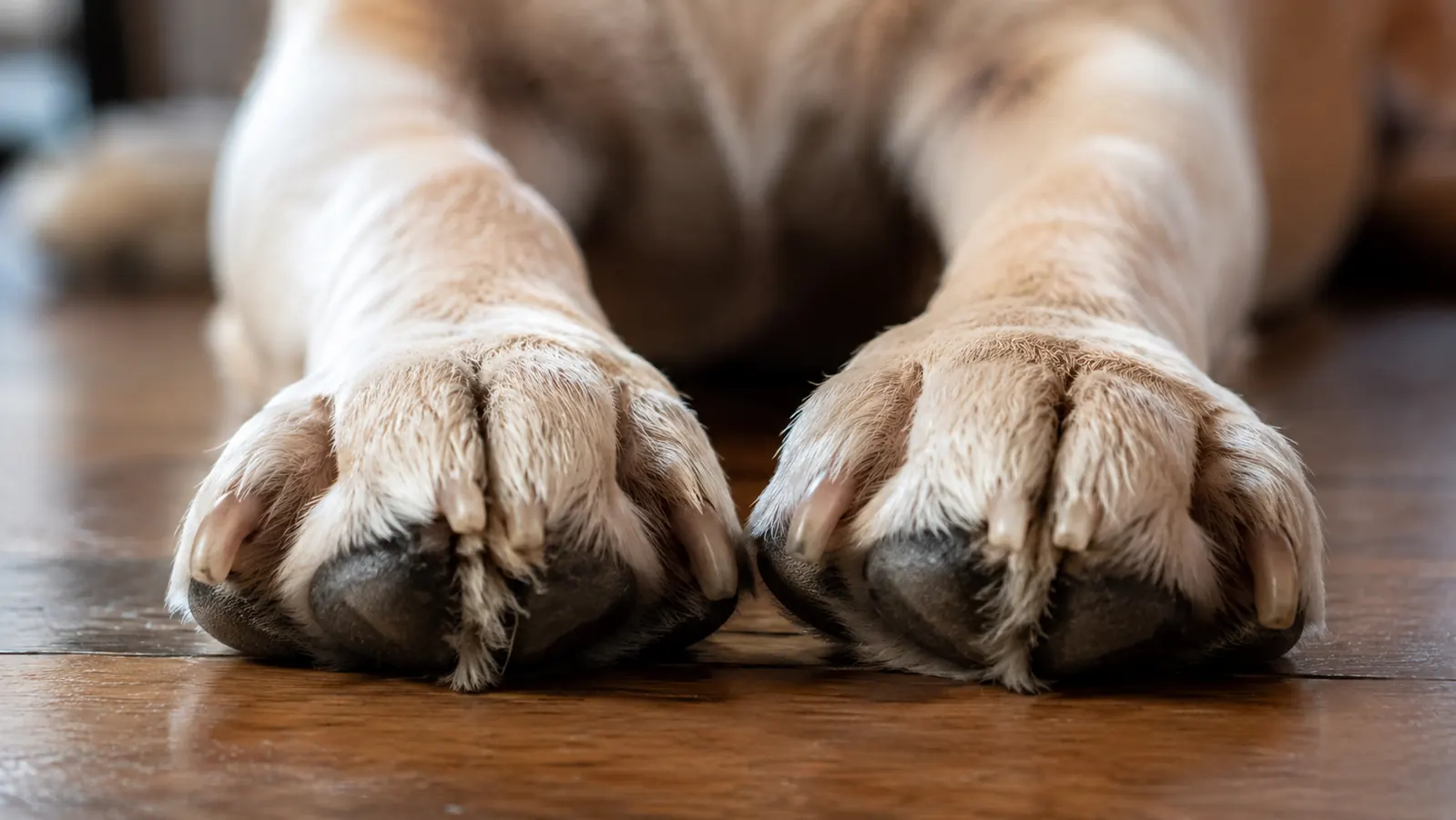 Senior beagle lying on a wood floor with paws extended toward camera, pads soft and smooth in afternoon sunlight