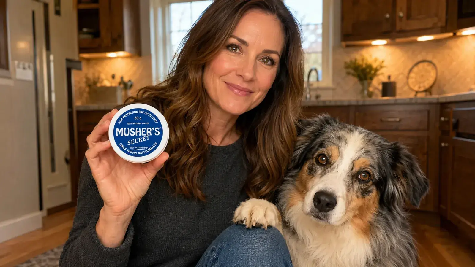 Hand holding an open tin of Musher's Secret paw wax, showing the white waxy texture inside