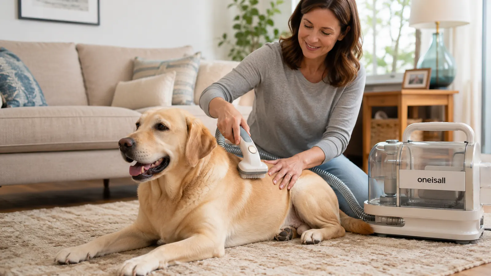 Close-up of the oneisall grooming vacuum deshedding brush attachment pulling loose fur from a short-coated dog