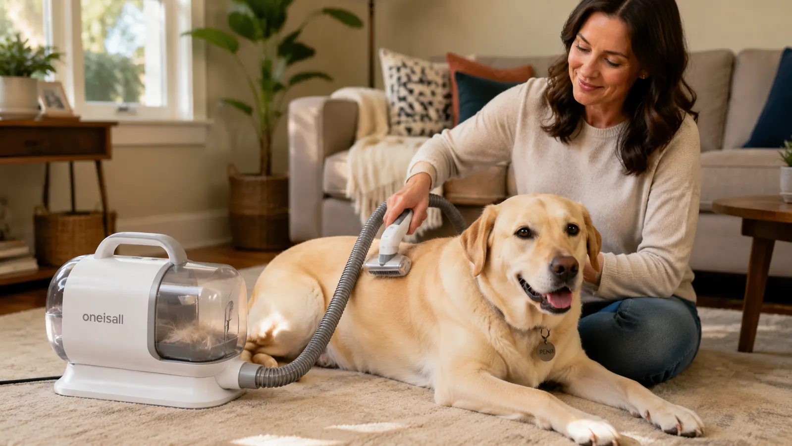 Woman using a grooming vacuum brush attachment on a lab mix dog in a living room, canister collecting loose fur