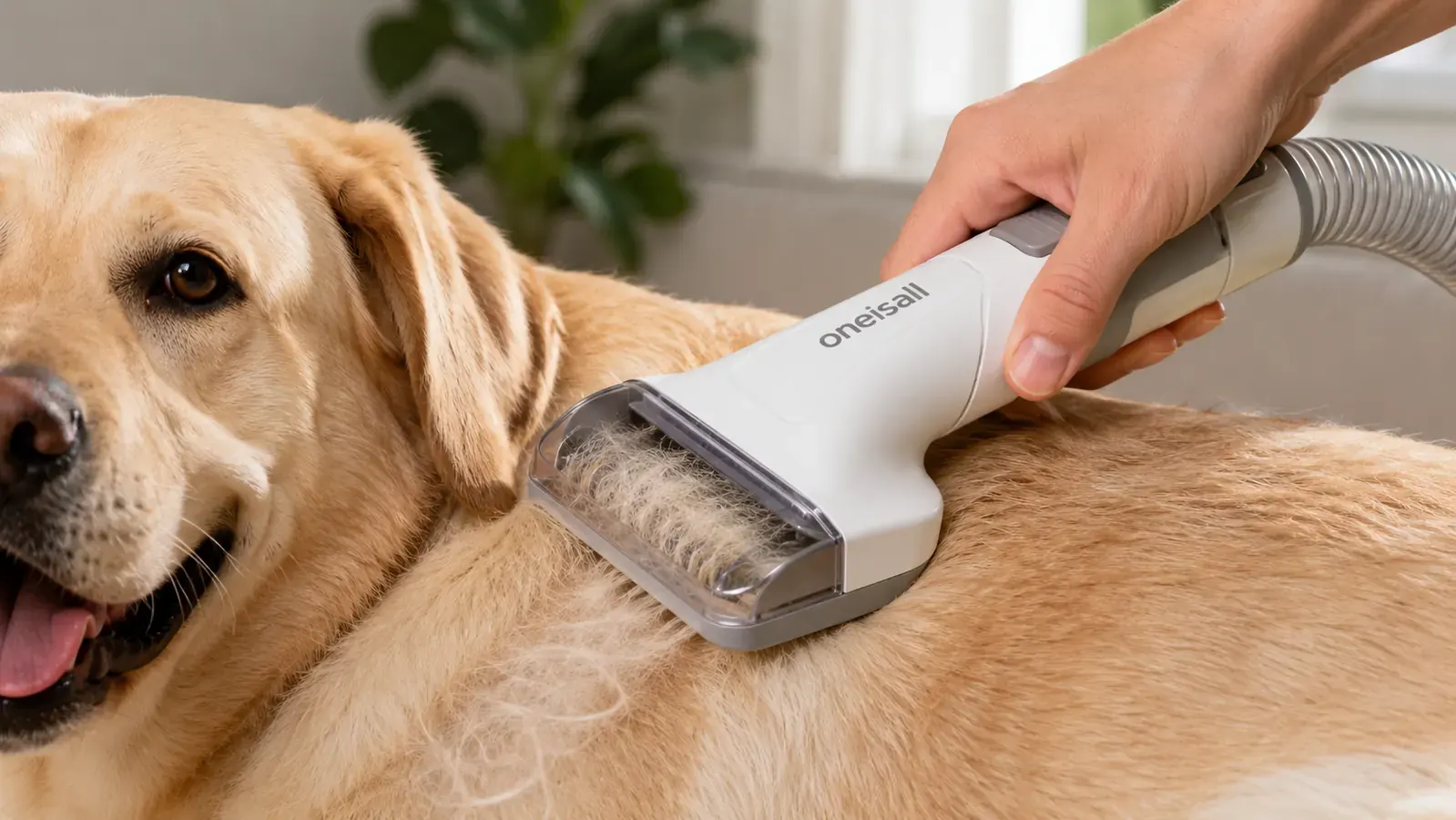 Close-up of a 1.5-liter clear vacuum canister packed with pale yellow dog fur after a single grooming session