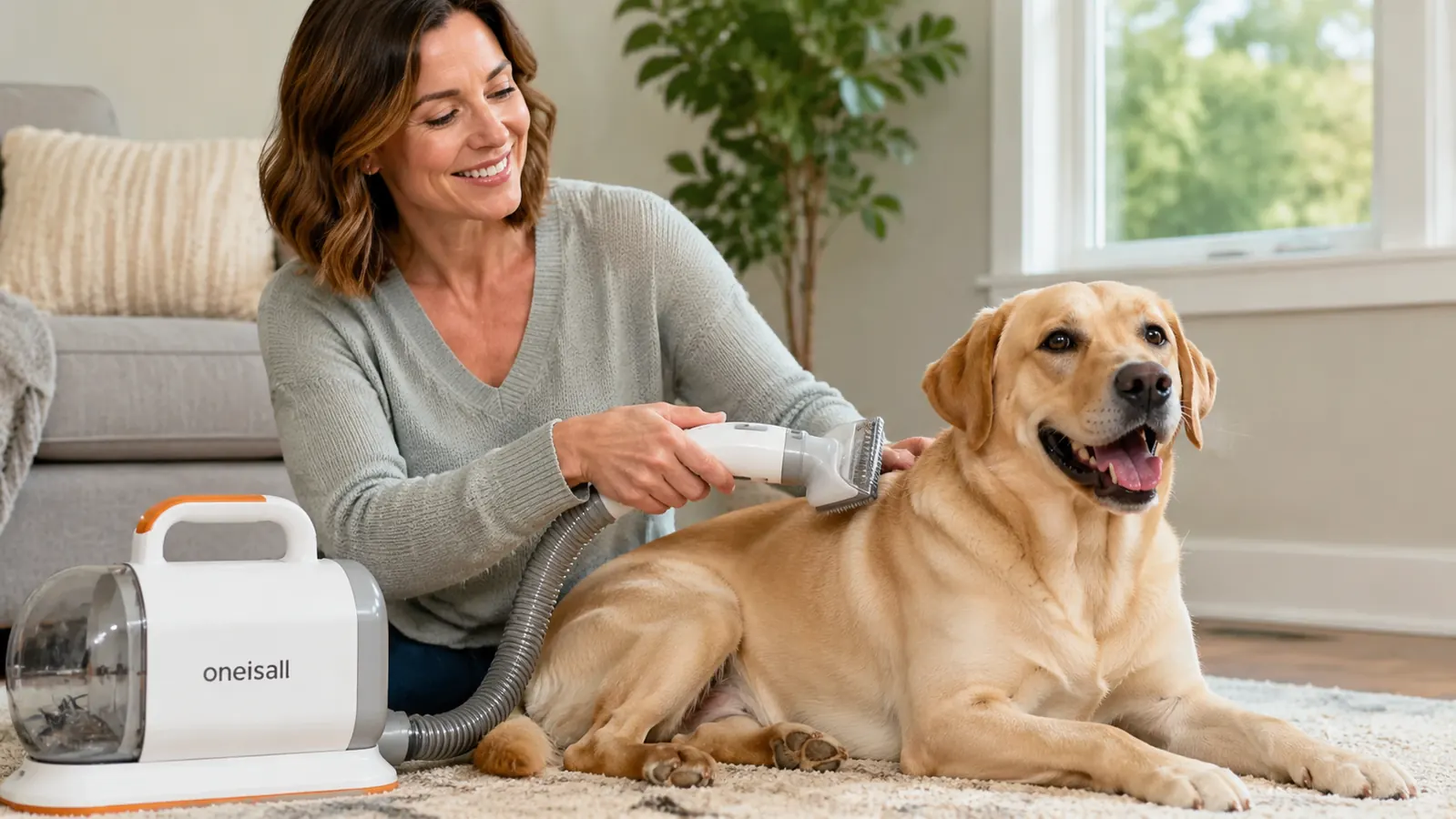 Hands holding the oneisall grooming vacuum deshedding brush attachment against a dog's back, capturing loose fur mid-session