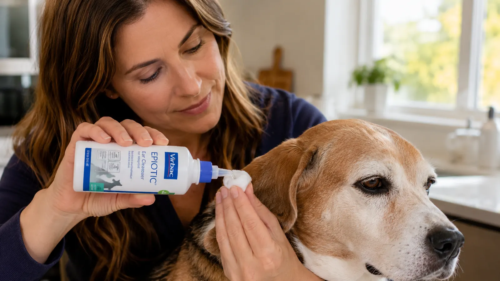 Hand squeezing a small bottle of blue-labeled ear cleanser into a beagle's ear canal while the dog sits still on a grooming table