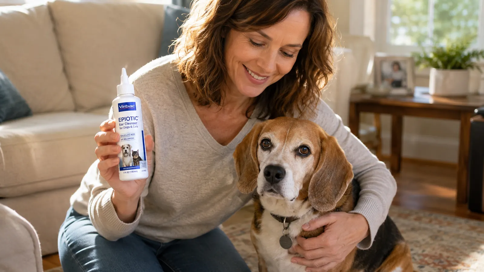 Small amber bottle of Virbac Epiotic ear cleanser being held in a hand next to a beagle's ear